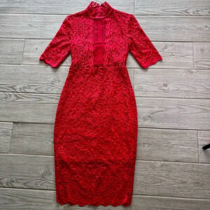 Express Womens Red Floral‎ Lace Scalloped Half Sleeve Midi Dress Size 0